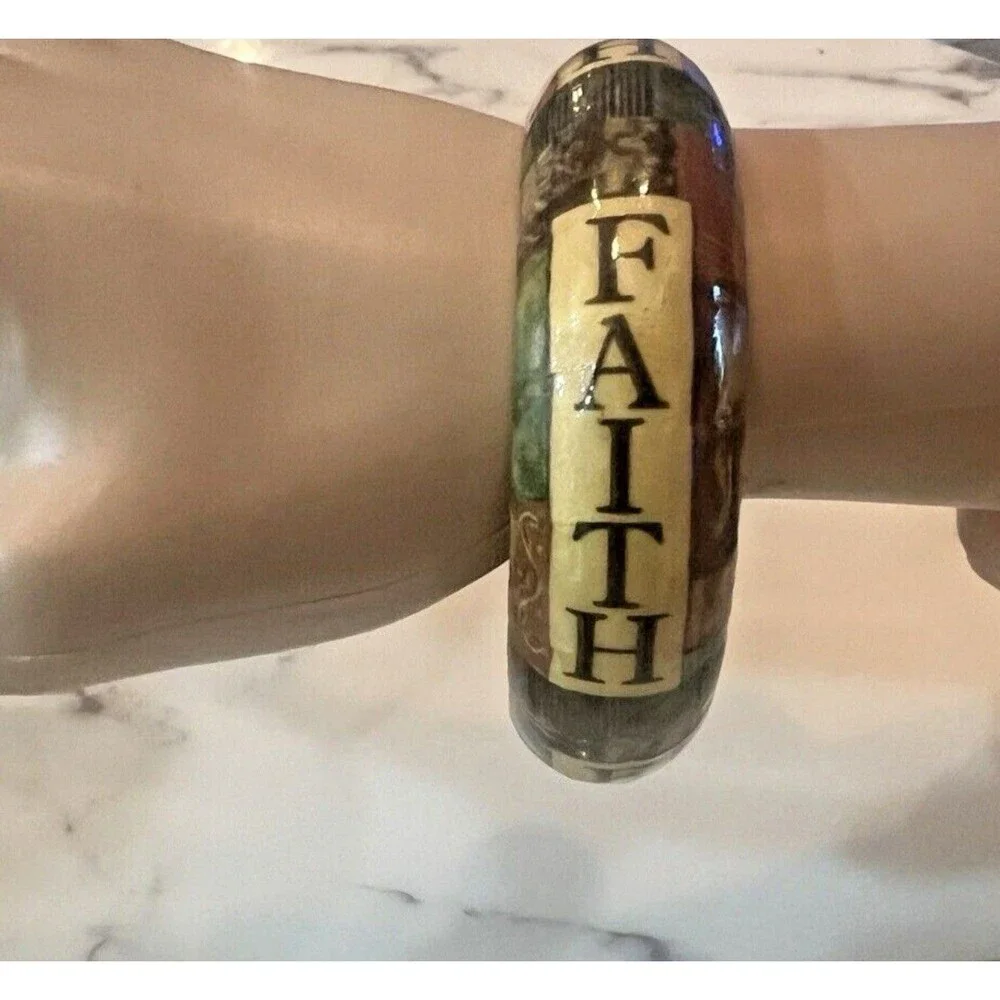 Vintage Handcrafted Decoupage Resin Bangle Bracelets Faith Hope & Peace Set of 3